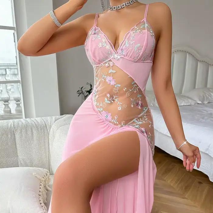 Chemise de nuit en dentelle pour femmes, imprimé floral rose, dos ouvert, fendue, vêtements de maison, Sexy, col en v, Perspective, été, mince, respirant, Slip, vêtements de nuit