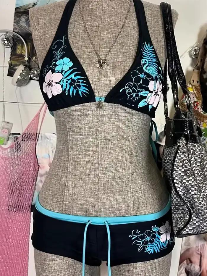 Vintage kvetinový potlač Cutie bikini set 2000s plavky Sexy ženy plavková móda lodičkové