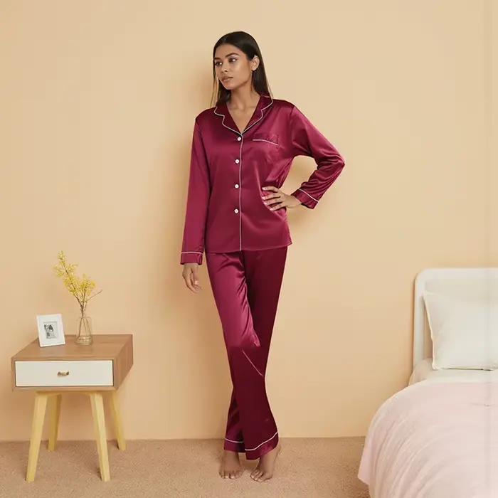 Pyjama en Satin grande taille pour femmes, manches longues, pantalon Long, soie fine, ensemble deux pièces décontracté pour la maison, printemps/été