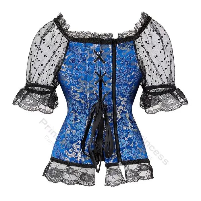 Corset avec manches princesse Corset haut en dentelle Corsets floraux pour femmes grande taille Vintage Corset Bustier à lacets rose bleu or