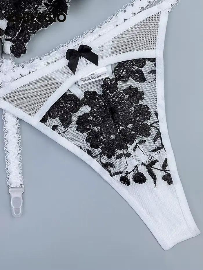 MiniInTheBox LGIO-Ensemble de Lingerie Pure pour Femme, Sous-Vêtements Push Up, Bas Sexy, Broderie Florale, ixde Luxe, Costume 7.0, 3 Pièces