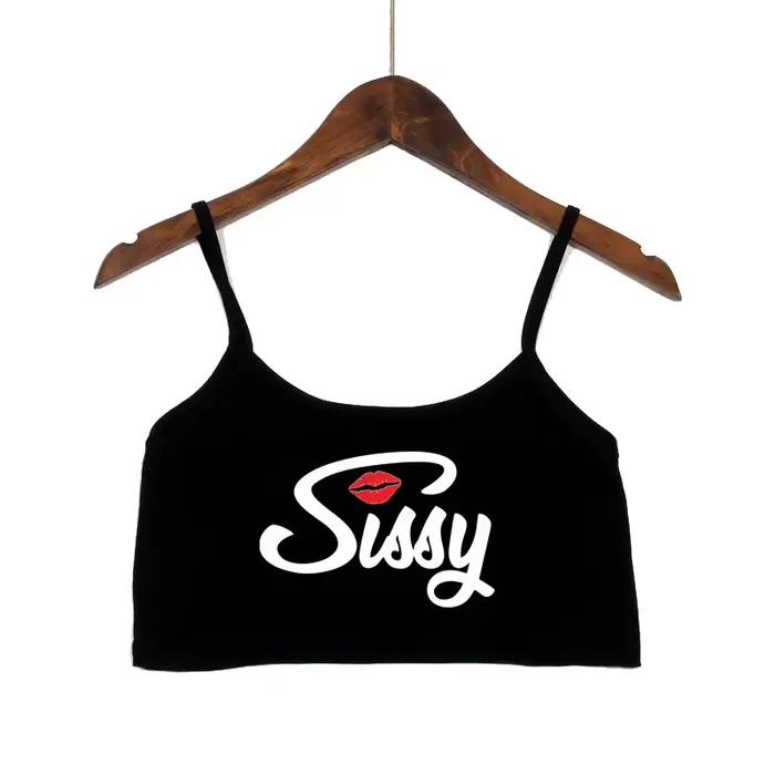 SISSY písmená červené pery potlač letné ženy krátky top Sexy elastická bavlna Camis bez rukávov
