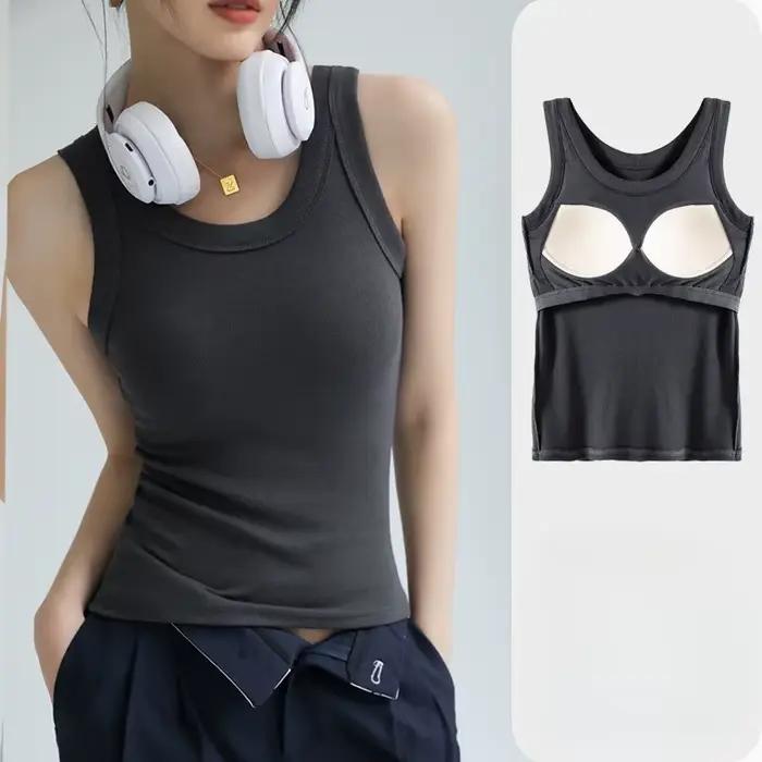 Débardeur côtelé pour femme avec soutien-gorge intégré, sans armatures, confortable pour le quotidien, tenue décontractée, sport léger, sans manches, basique, style cami