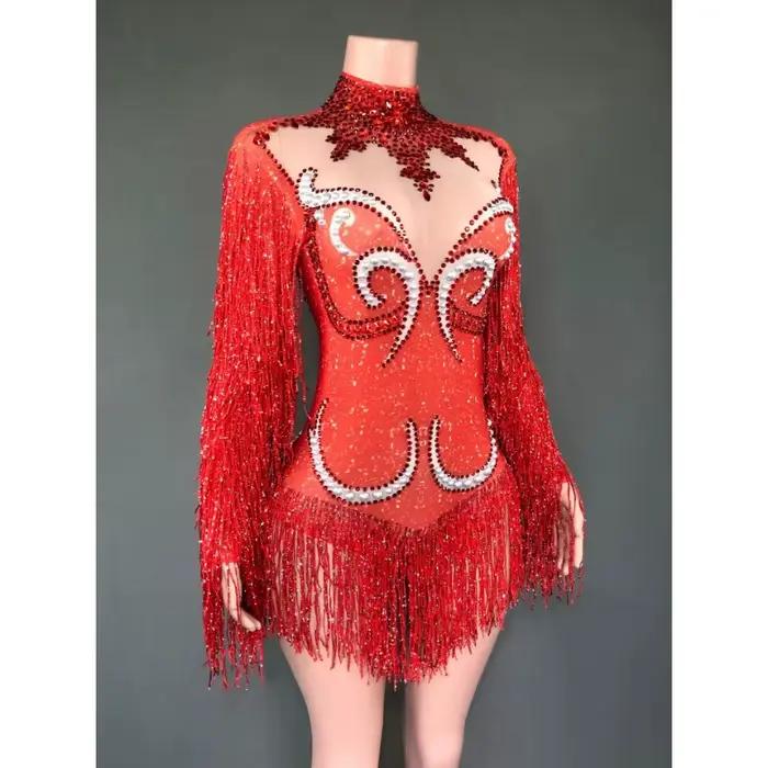 Nouvelle tenue de spectacle de danse pour femmes, costume de fête d'anniversaire, combinaison transparente de luxe grise à franges, strass argentés et perles