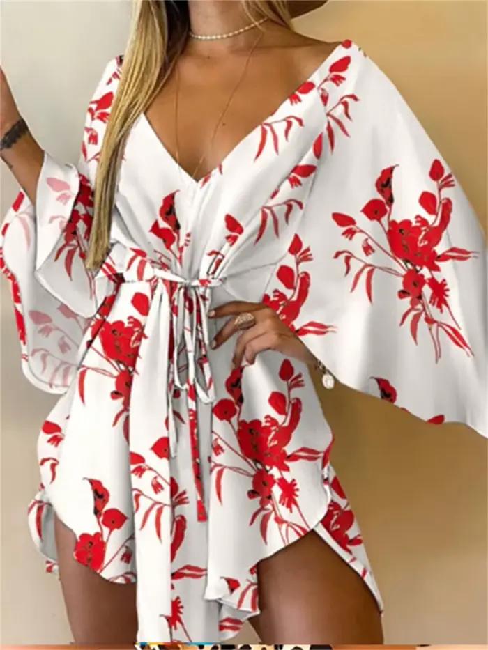 Dámske šaty s potlačou Sexy výstrih do V netopierie rukávy volániky kvety potlač boho plážové letné