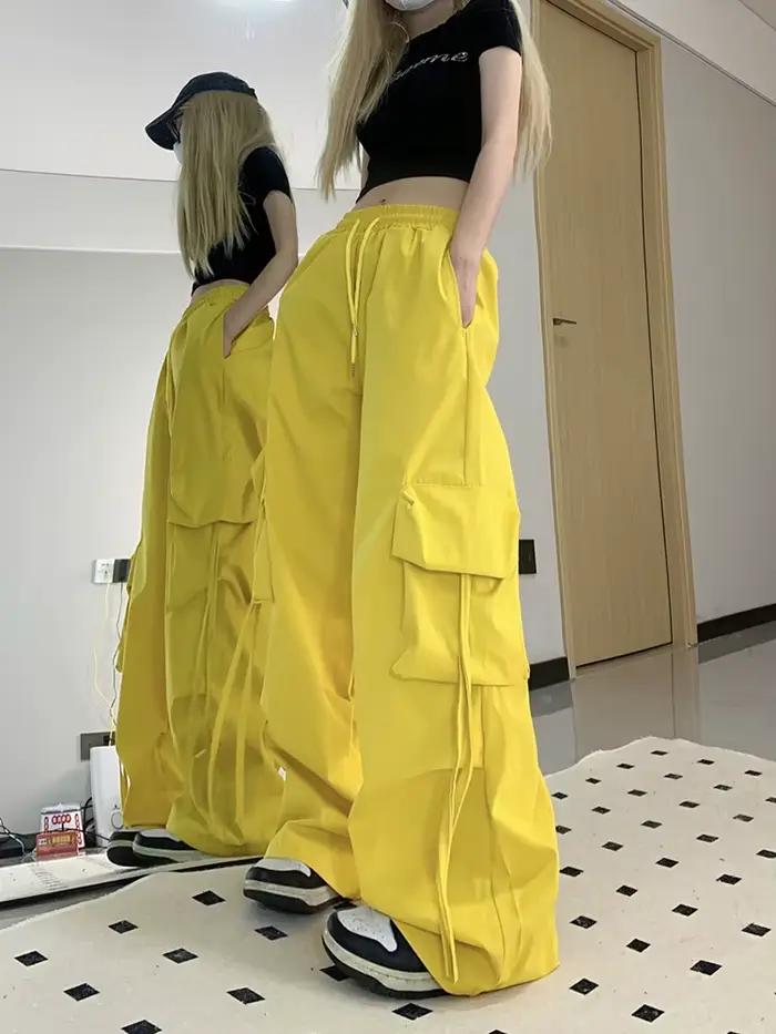Zoki ružové streetwear cargo nohavice pre ženy voľné Harajuku Y2K rovné