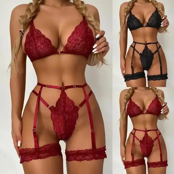 Conjunto de Tanga para mujer, Body Sexy de encaje con aros, disfraces sexys para mujer, sujetador y bragas, ligas