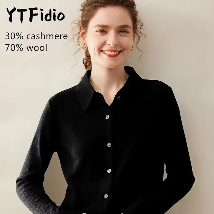 YTFidio kašmír merino vlna pulóver pre ženy s POL golierom dlhé rukávy luxusný vrchný odev dizajnérske dámske kardigany