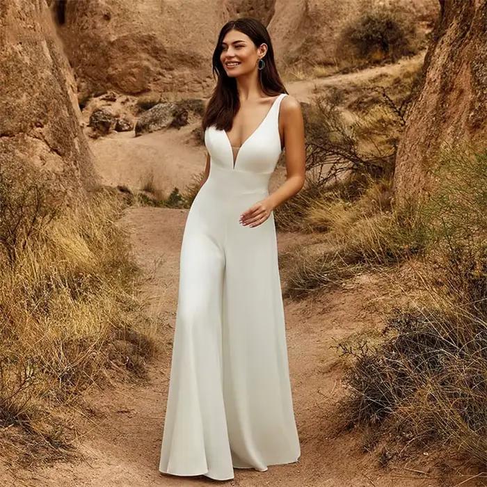Combinaison de Mariage 2 en 1 avec Poignées, Jupe Amovible, Deux Pièces, Robes de Patients, Pantalon Trempé pour Femme, Dentelle, Tulle, Col en V, Train Personnalisé