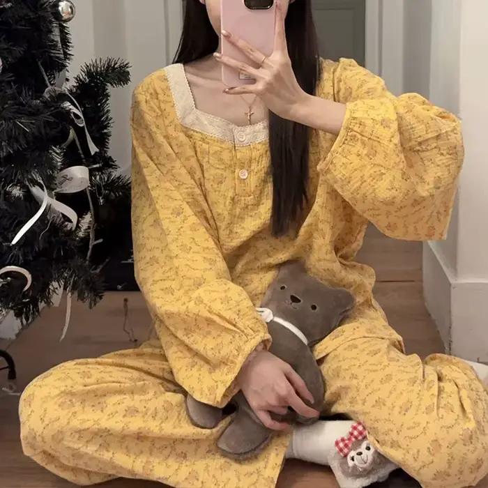 Pyjamas pour femmes, nouveau style, printemps et automne, ensemble deux pièces à manches longues, style français, pour la maison, photos réelles