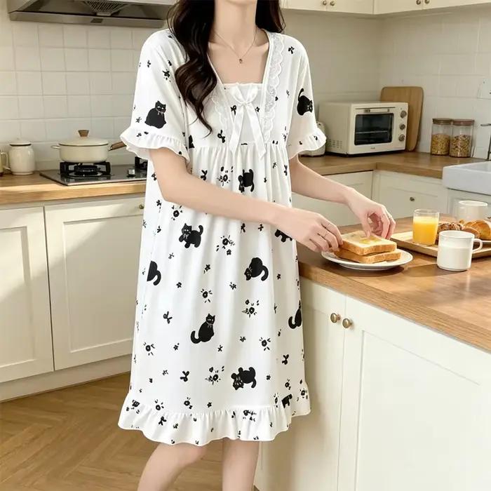 Nouvelle Robe de Nuit Imprimée Chaton à Manches Courtes pour Femme – Pyjama Décontracté d'Été pour Dormir
