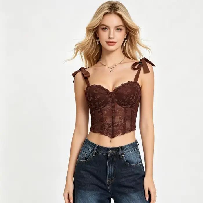 Corset en dentelle transparente à baleines pour femme, bustier rembourré à lacets, haut moulant élégant