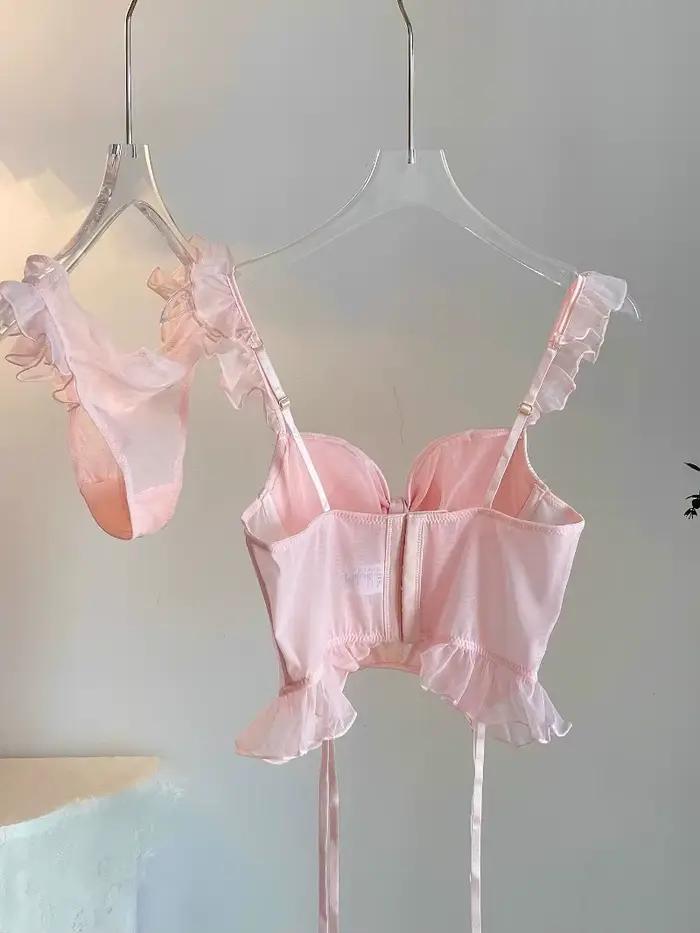 Rose femmes intimes soutien-gorge à armatures et tongs dames ensemble de sous-vêtements bouton arrière Push-Up Lingerie