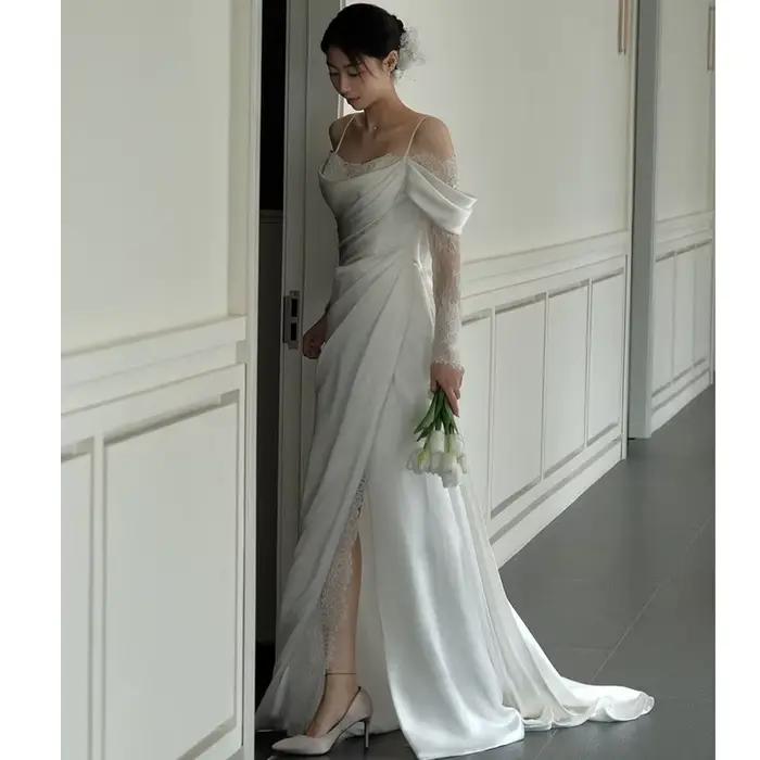 Robe de Mariée en Satin à Bretelles de Style Français, Tenue en Dentelle Traînante Simple, Nouveauté