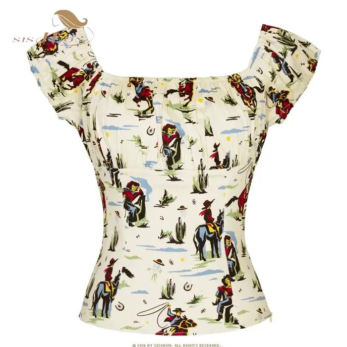 SISHION 2026 Vintage bavlnené tričká s potlačou pre ženy 50. a 60. roky WS0004 Rockabilly Výstrih do V Camisetas Topy ležérne