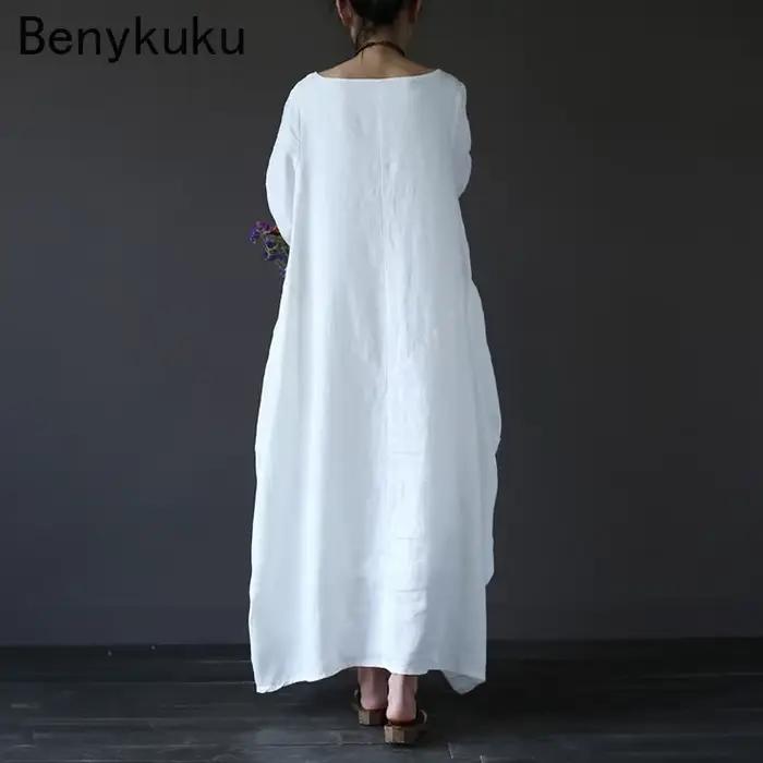 Vintage dlhé maxi šaty pre ženy s dlhými rukávmi veľká veľkosť kaftan voľný bavlnený ľanový casual 2025