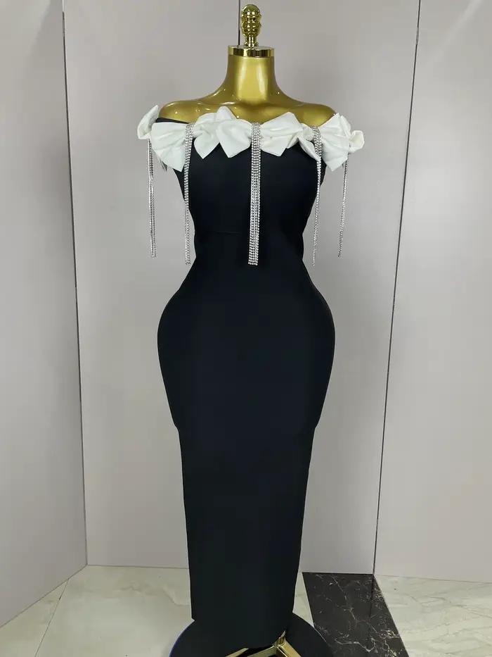 2025 ženy celebrít sexy odhalené rameno kvetina diamanty čierna motýlik maxi dlhá XL elegantná šaty na obväz s
