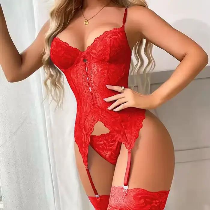 Fantaisie dentelle Sexy femme Lingerie 2 pièces Transparent épissé soutien-gorge et culotte ensemble jarretière intime Sexy femmes sous-vêtements Lingerie