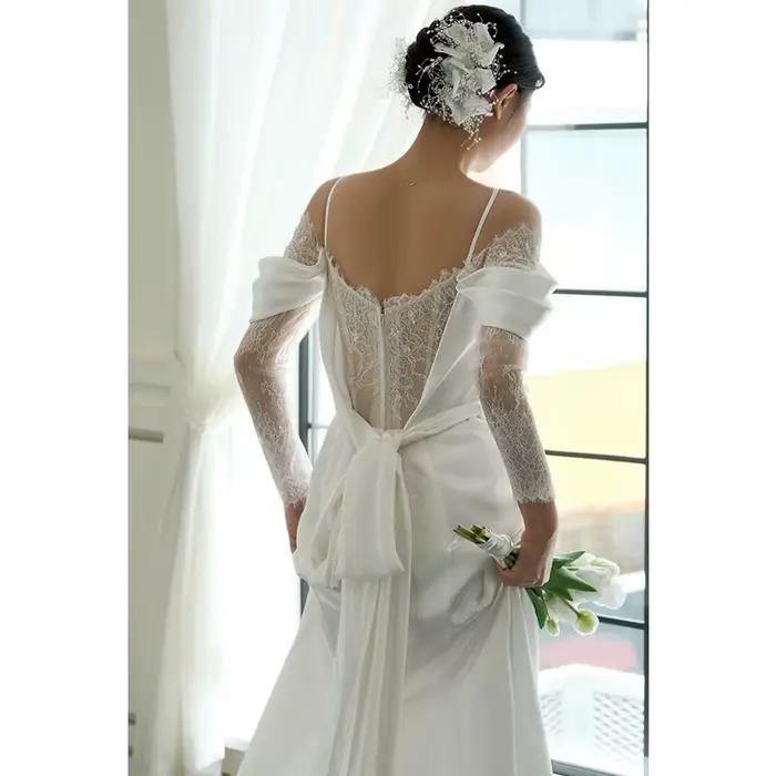 Robe de Mariée en Satin à Bretelles de Style Français, Tenue en Dentelle Traînante Simple, Nouveauté