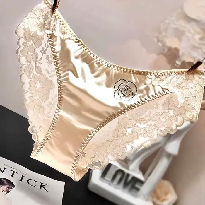 Culotte Sexy en Dentelle de Style Français pour Femme, en Satin, Confortable, Sans Couture, Décorations en Diamant, Slip Respirant