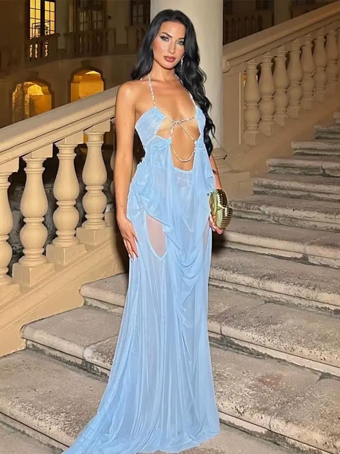 Nibber Bal Večerné Šaty Pre Ženy Sexy Priesvitné Luxusné Retiazkové Halter Výstrih Nízky Chrbát Odkrytý Bez Rukávov