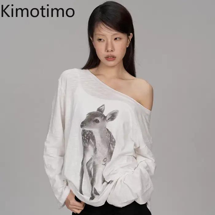 Kimotimo Dámske Tričko Leto Potlač Odhalené Ramená Dlhé Rukávy 2026 Nové Ležérne Priesvitné Voľné Štýl Kpop Y2K