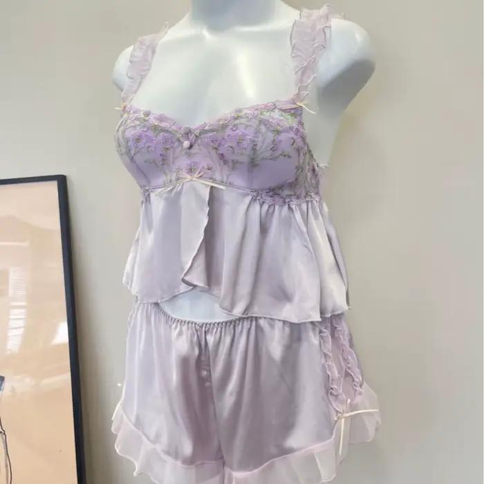 Pyjama de cour française en dentelle, haut tubulaire, écharpe, hauts de nuit avec short, coussinet de poitrine, Perspective, sous-vêtements fins et Sexy, ensemble de vêtements de maison pour femmes