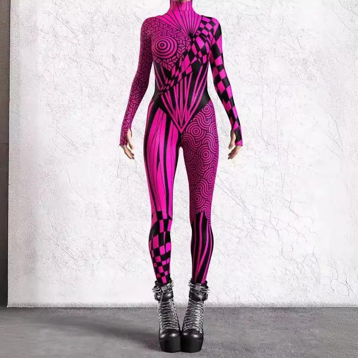 Body de Cosplay de vacances Punk Art, combinaison à lignes irrégulières, Costume de fête d'halloween pour hommes et femmes, Costume Zentai en Polyester à manches longues