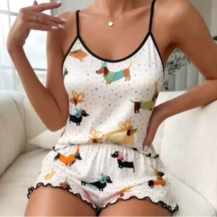 Ensemble pyjama à bretelles fines et short pour femme, imprimé Teckel, avec ourlet à volants