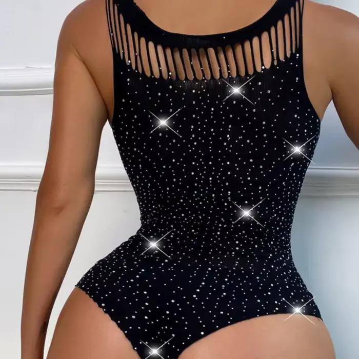 Body noir en résille avec strass scintillants, Lingerie Sexy pour femmes, combinaison transparente d'été en maille, bas de corps Porno