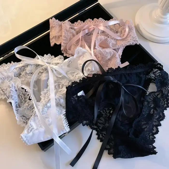 Culottes en dentelle transparente style français avec nœud et fleurs, sans couture, taille basse, pour femme et jeune fille