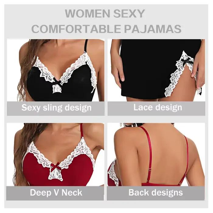 Chemise de nuit sexy en dentelle pour femmes, vêtements de nuit en satin, col en V, ourlet fendu, lingerie douce, robe de nuit en fibre, vêtements féminins