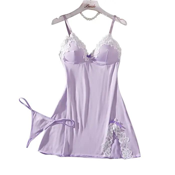 Robe de nuit pour femme en dentelle violette claire avec nœud, style babydoll, ensemble de lingerie, tenues pour femmes