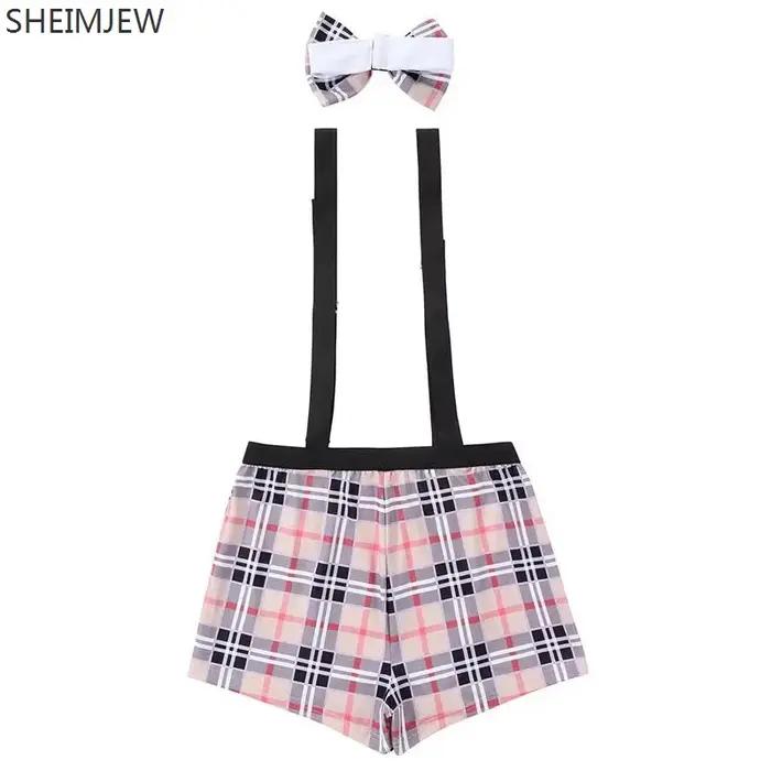Qqa 2025 Plaid Noir Sexy Costume de serveur de Lingerie, tenue à bretelles, Costumes d'halloween pour hommes, vêtements de club de fête