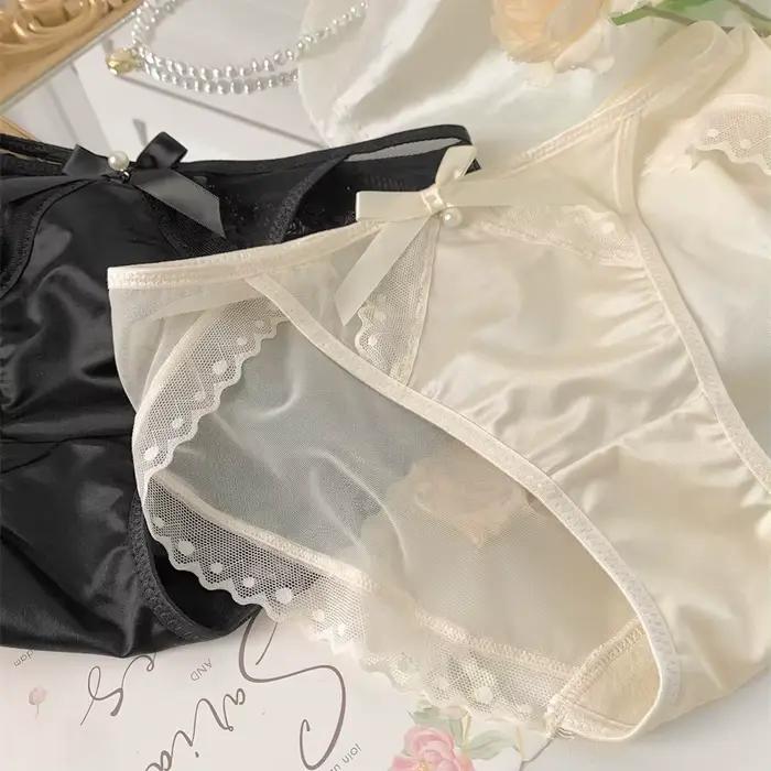 Culottes Triangle Femme avec Nœud Mignon, Dentelle Sexy Française, Texture Luxe, Satin Respirant, Maille, Entrejambe en Coton