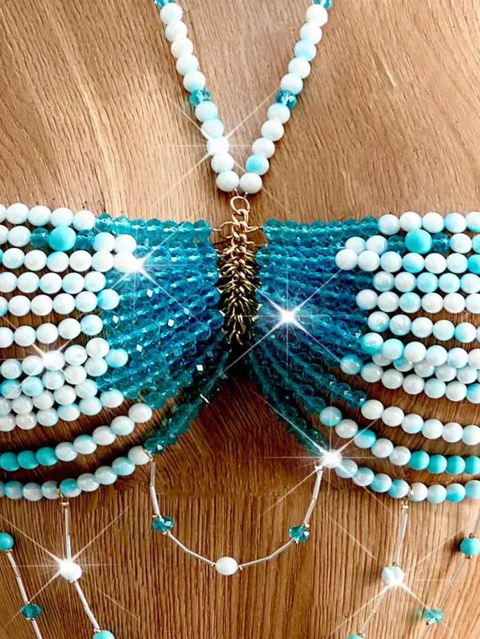 Chaîne de corps perlée multicolore bleu ciel et blanc pour femme, style soutien-gorge, pour plage, été, bikini, crop top, tenue de soirée sexy