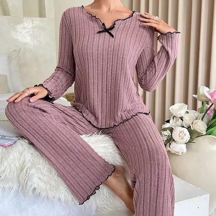 Ensemble de pyjama à manches longues et pantalon long pour femme, vêtements de nuit décontractés, vêtements d'intérieur, vêtements de détente, 2 pièces, automne et hiver