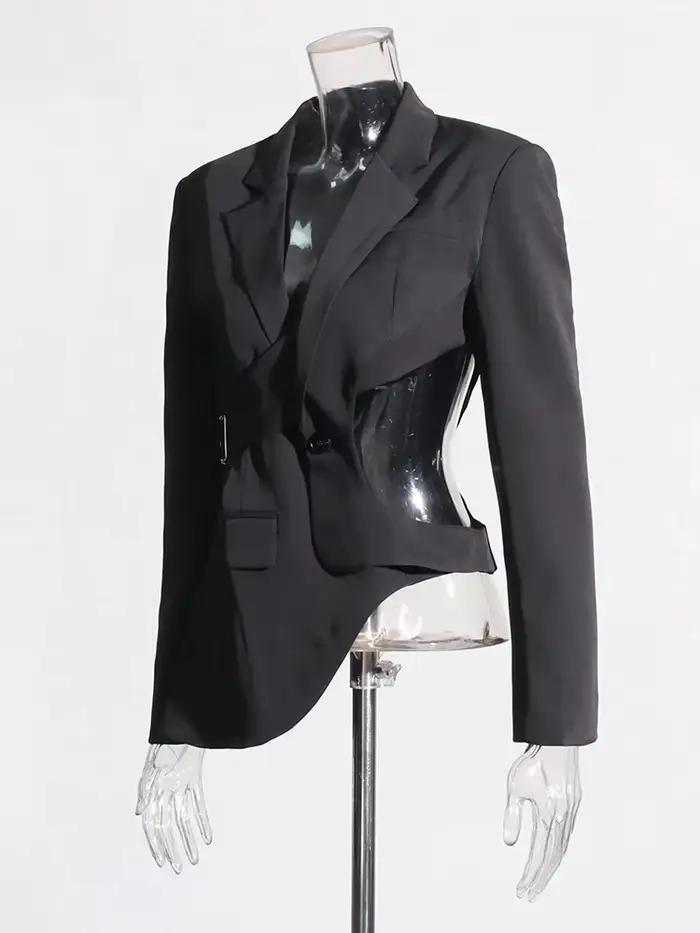 TWOTWINSTYLE pevný odhalený chrbát štíhly Blazer pre ženy s výstrihom dlhé rukávy spájaný gombík