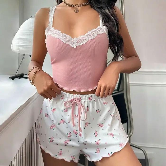 Pyjama femme patchwork sexy sans manches shorts col V pour automne confortable et élégant nuit