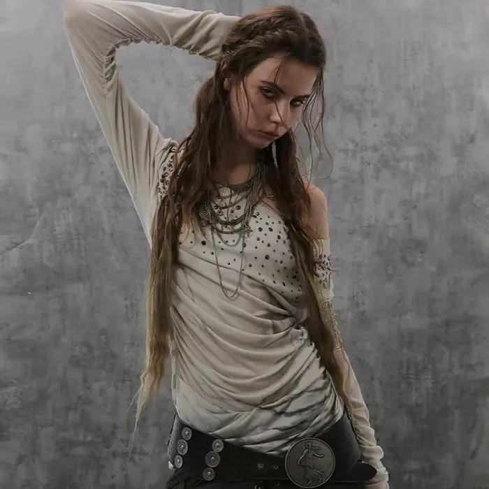Karrcat Grunge Estetické Mimo Rameno Tričko Trashy Y2k Diamantová Potlač Vintage 2000-tych Roky Streetwear Punk Štýl