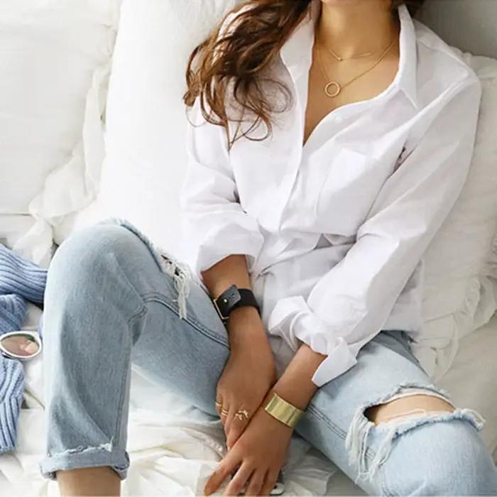 Bavlnená biela košeľa pre ženy Blusas Mujer De Moda OL Štýl voľný vrch dámsky s dlhým rukávom c