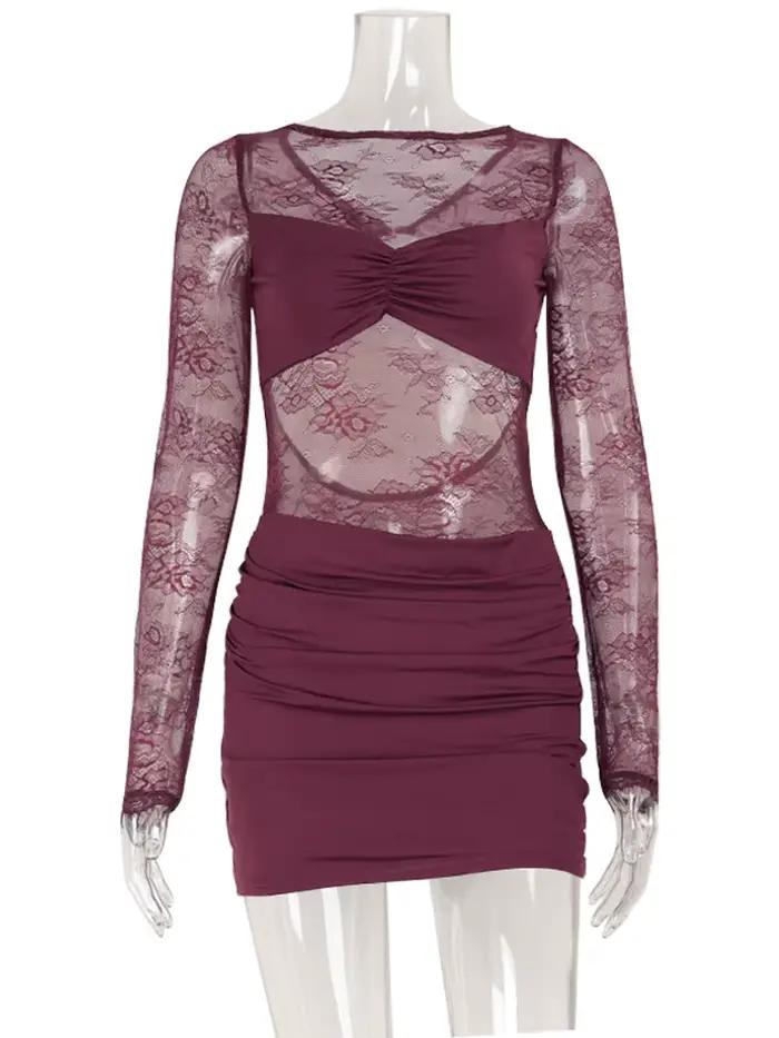 CNYISHE čipkovaná patchwork odhalený chrbát okrúhly výstrih dámske šaty móda čisté dlhé rukávy tvarovacie oblečenie odhalenie bokov žena Wrap