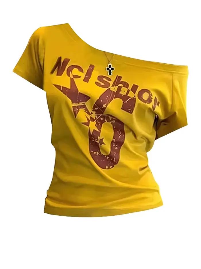 Y2k Športové Letné Odhalené Ramená Top pre Ženy Sexy Vintage 2000 Krátky Rukáv Tričko Dámske Základné Krátke Top