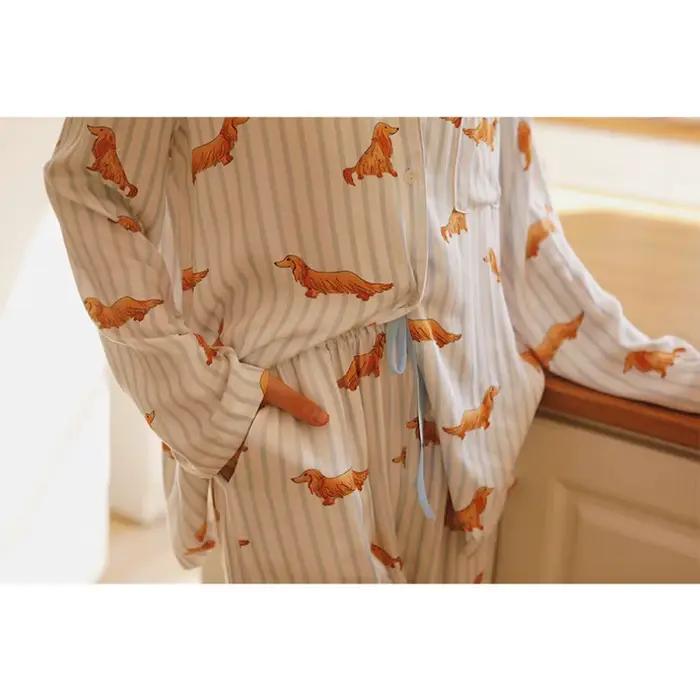INS Style mignon teckel chien imprimé pyjama ensemble pour femmes doux Viscose rayé vêtements de nuit à manches longues boutonné vêtements de détente