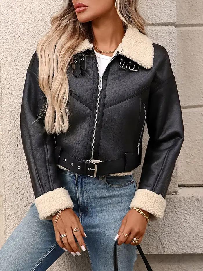 Ailegogo zimná dámska streetwear bunda z umelej jahňacej kožušiny s opaskom Moto Biker hrubý teplý kabát