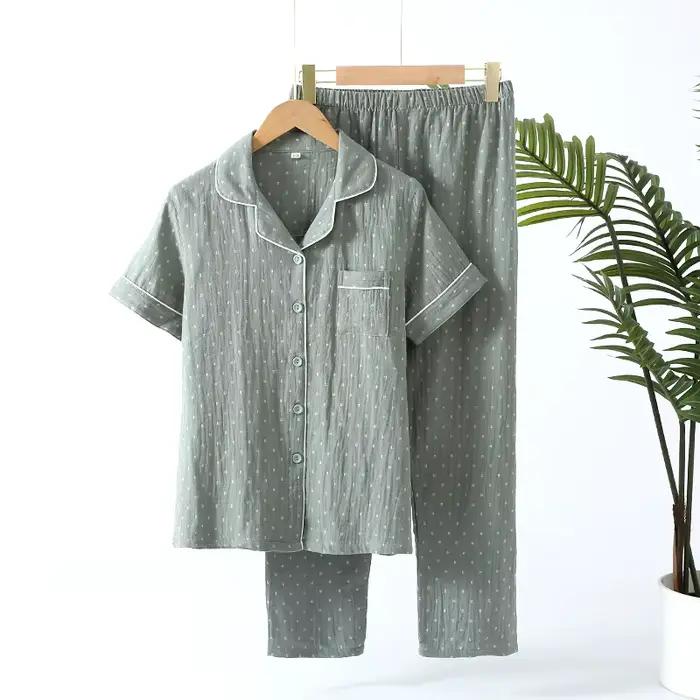 Ensemble pyjama en gaze 100% coton doux pour femmes, vêtements de nuit d'été respirants à pois, 2 pièces, vêtements de maison confortables