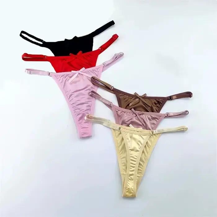 String en Satin réglable pour femmes, 3 pièces, sous-vêtements Sexy, taille basse, dos en T, fesses pêche, tentation, nœud Sexy, Lingerie