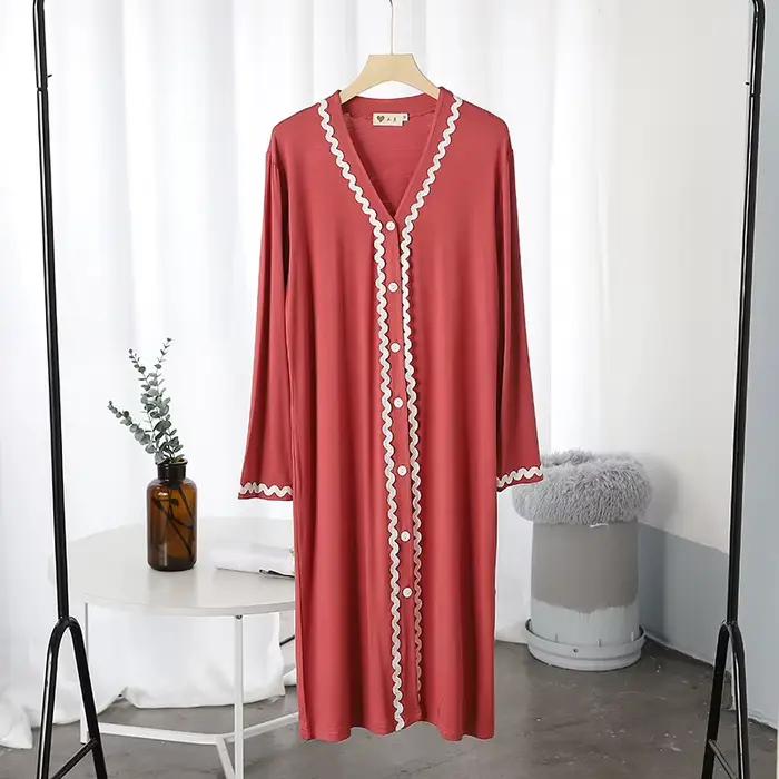 Vêtements de nuit en coton modal à manches longues et col en V pour femmes, robe de nuit en dentelle douce, chemise de nuit décontractée, vêtements de maison, printemps, automne
