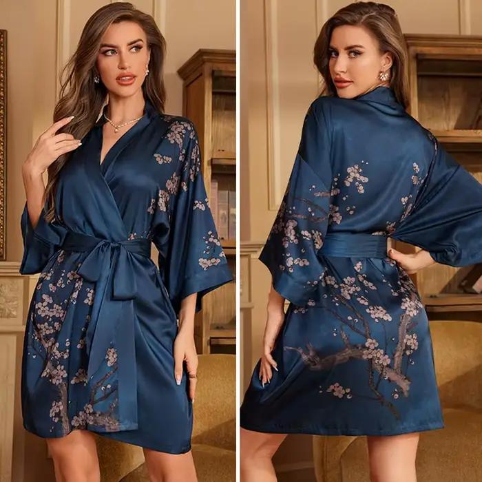 Robe de Nuit en Satin Bleu Marine à Imprimé Floral pour Femme, Kimono, Peignoir, Vêtement de Maison, Printemps et Été