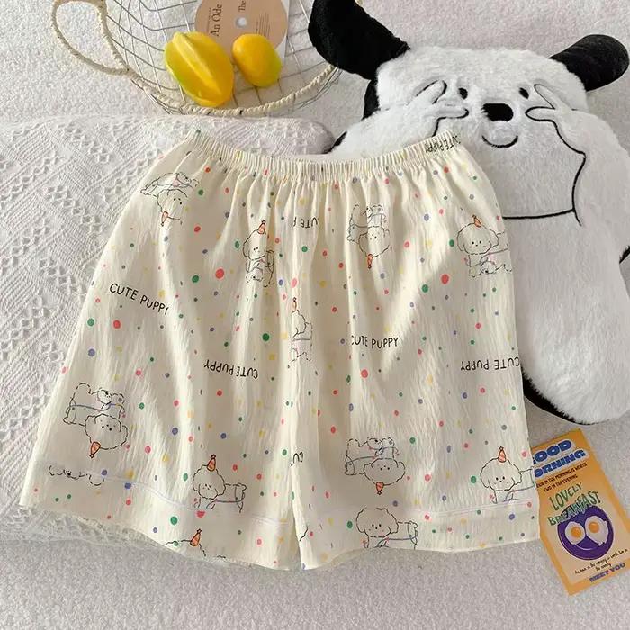 Pyjama d'été pour femme, style fin avec pois et motif chiot, short à manches courtes, doux et mignon, peut être porté à l'extérieur en été, ensemble deux pièces pour la maison